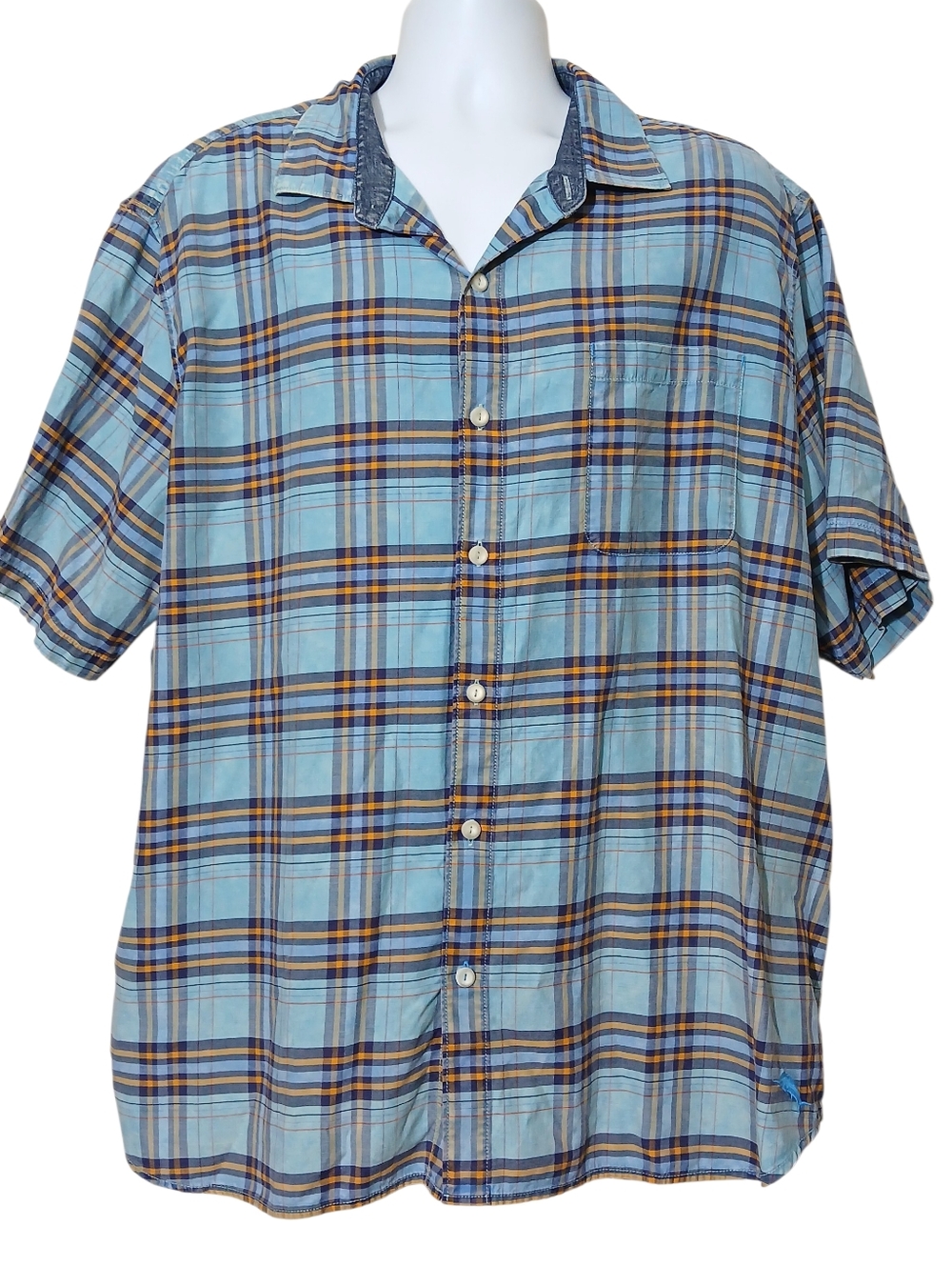 Tommy Bahama Men XXL Button Up Shirt Plaid Blue Orange Short Sleeves Summer